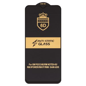 Захисне скло ESD 6D для Xiaomi Poco M3, Redmi 9, Redmi 9T; Samsung A207 Galaxy A20s, сумісне з чохлом, Anti Static, без упаковки , чорний