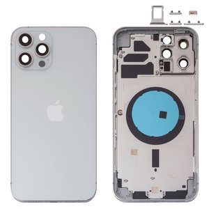 Housing compatible with iPhone 12 Pro Max, silver, with SIM card holders, with side buttons, silver 