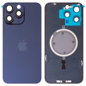 Panel trasero de carcasa puede usarse con iPhone 15 Pro Max, azul, con vidrio de cámara, Original PRC 