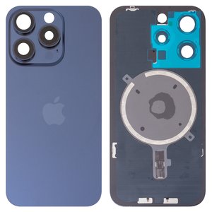 Panel trasero de carcasa puede usarse con iPhone 15 Pro, azul, con vidrio de cámara, Original PRC 
