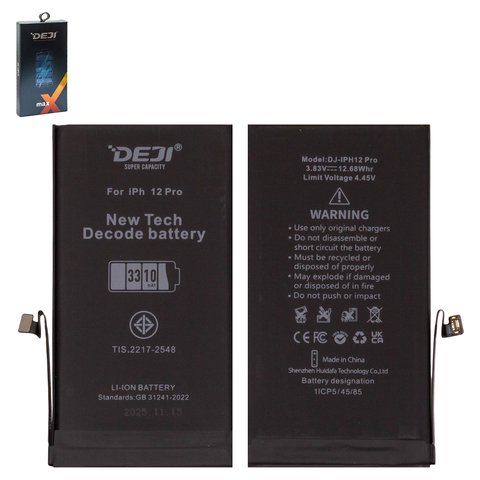 Batería Deji puede usarse con Apple iPhone 12 Pro, Li ion, 3.83 V , 3310 mAh, mayor capacidad, sin mensaje de error, decode battery